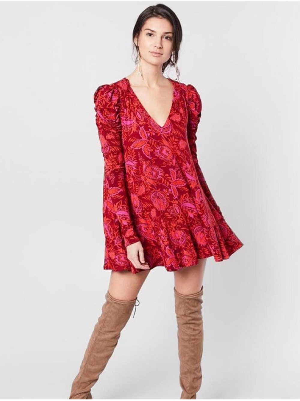 Free People Hello Lover Tunic Mini Dress Red Pink Floral Size Small